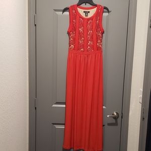 Red Long Dress with floral lace top